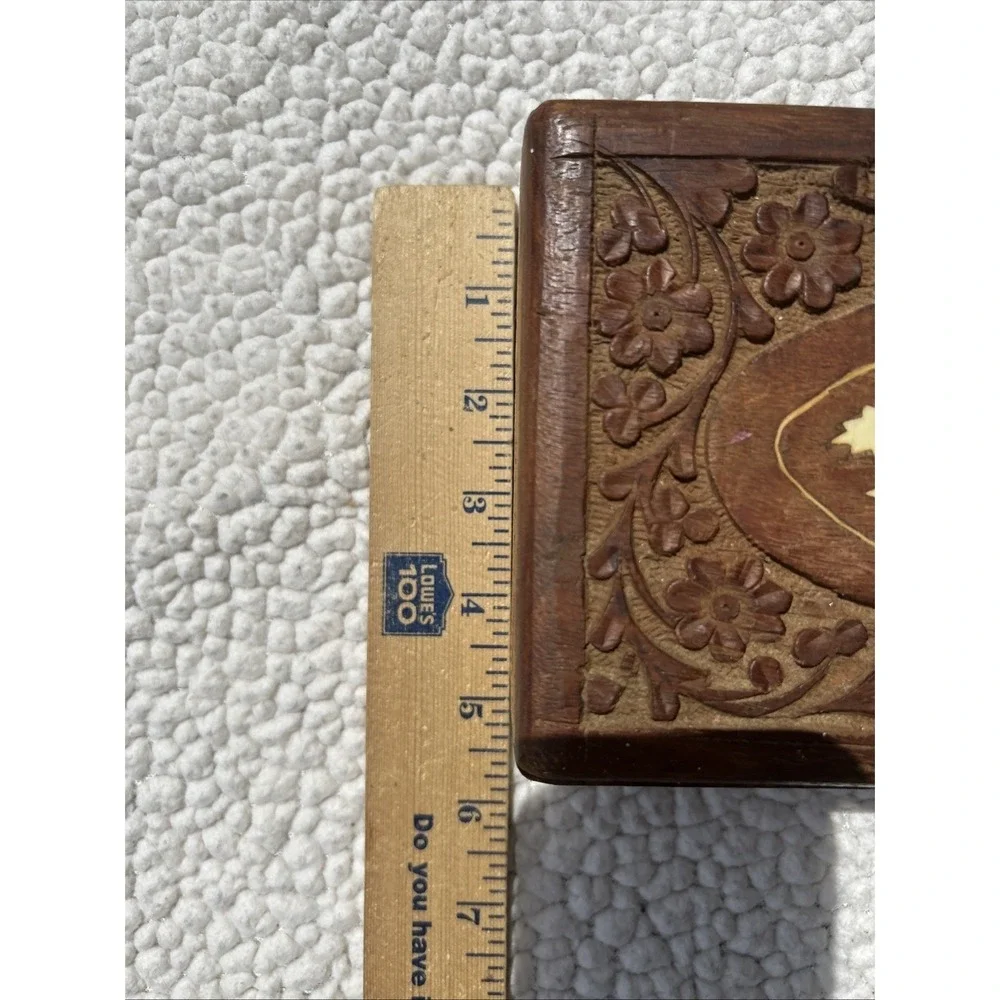 Vintage Hand Carved Wood Trinket Box Set Floral Inlay Made in India 2pc